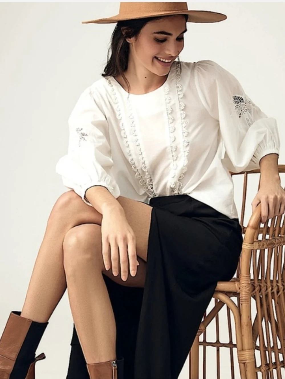 FARM RIO Palm Tree Cut Out Bohemian Puff Sleeve Ivory Top Small NWT